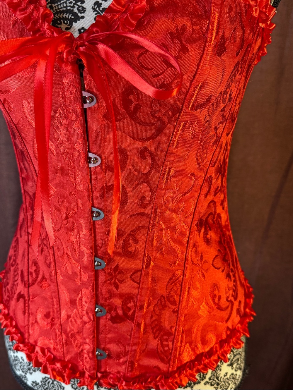 Red Satin Brocade Corset Top With Ruffles and Ribbons size M - Picture 3 of 11